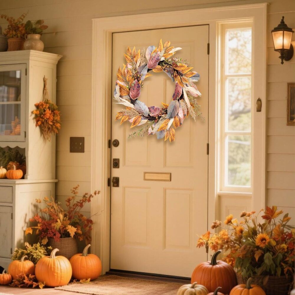 1338 20 Inch Fall Wreath Autumn Harvest Front Door Wreath with Leaves - Picture 6 of 8